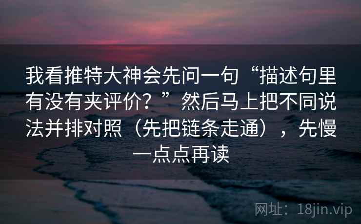 我看推特大神会先问一句“描述句里有没有夹评价？”然后马上把不同说法并排对照（先把链条走通），先慢一点点再读